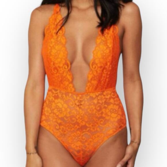 NWT We Are HAH Free People Comin in  Bodysuit Orange Bodysuit Deep V Neck XS - Picture 1 of 9